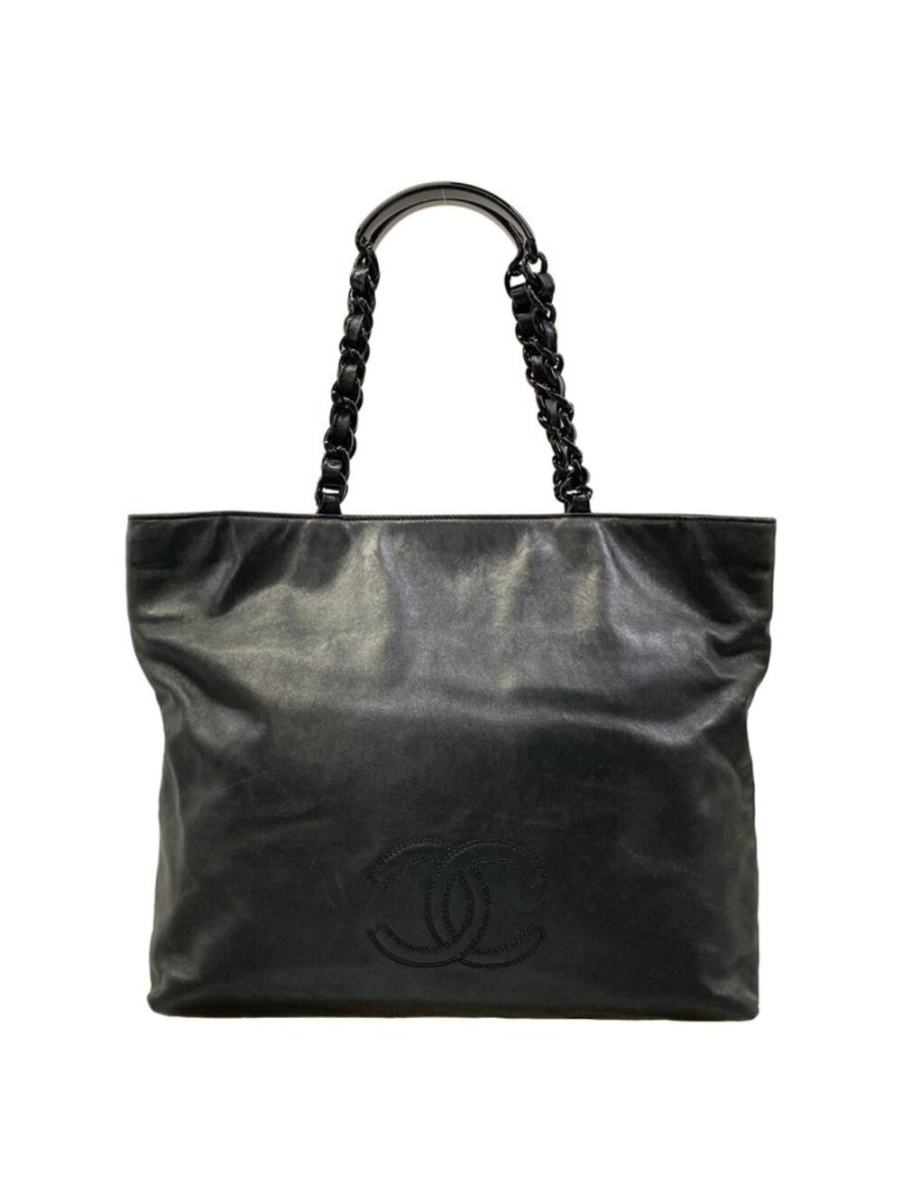 Chanel Tote Bag Black Plastic Chain Handle Lambskin